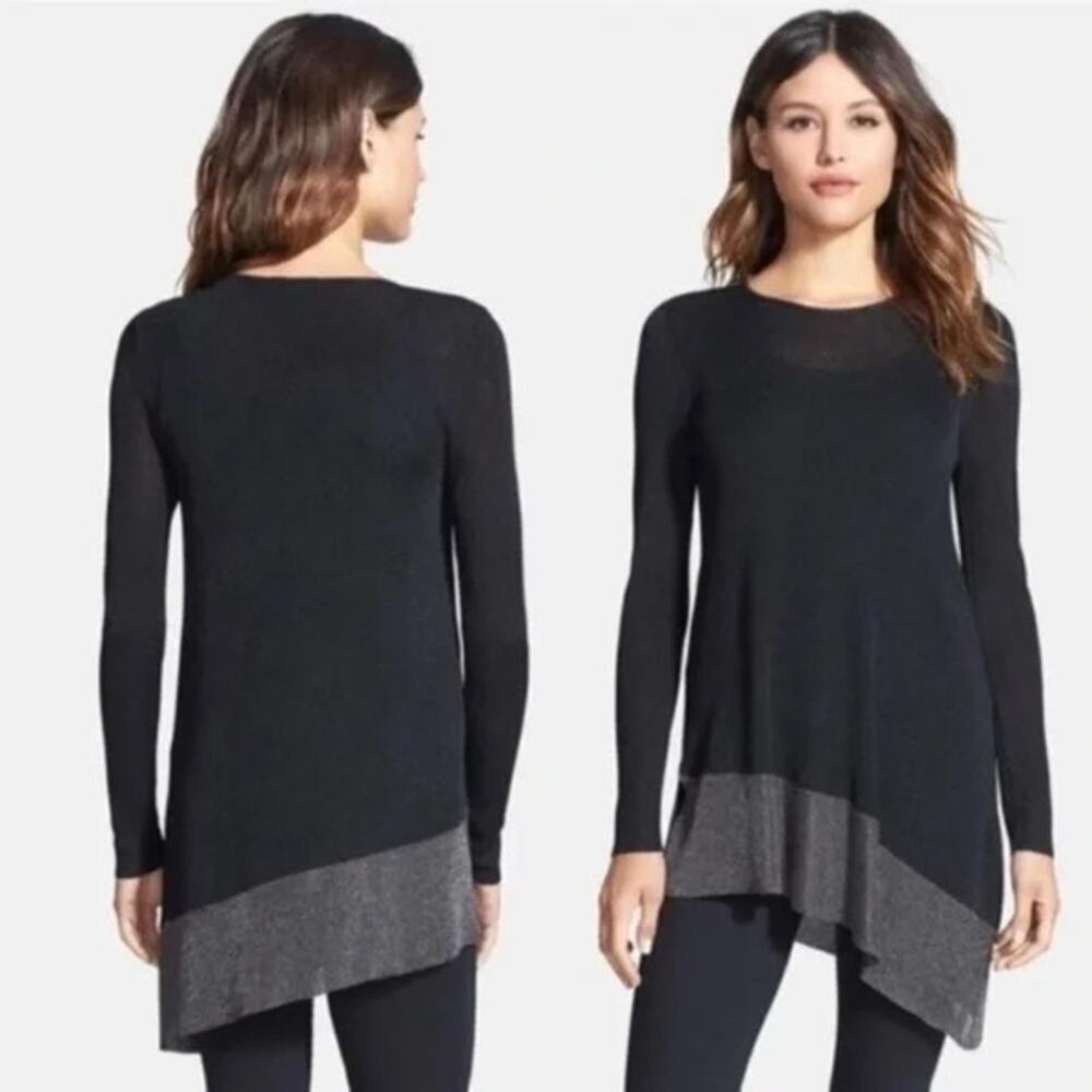 Eileen Fisher Black Asymmetrical Metallic Color Block‎ Tunic Top Size XL